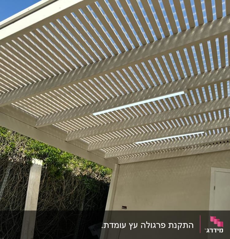 פרגולה מעץ עם קורות לבנות בגינה